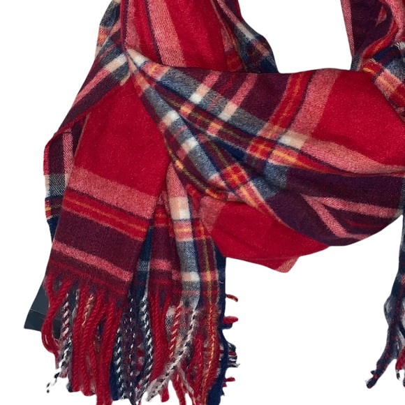 Hollister OS red, white & blue plaid soft Polyester/Viscose blend fringed scarf - Picture 15 of 16